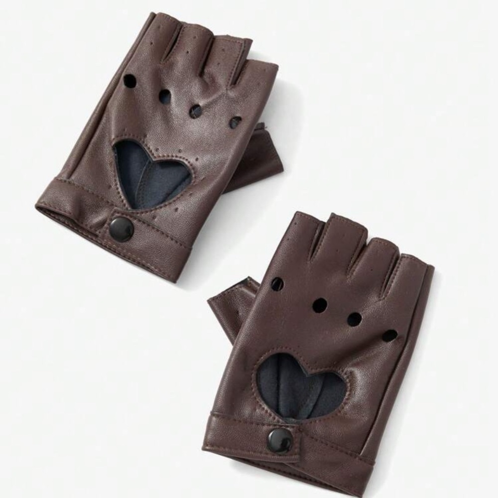Faux Leather Brown Fingerless Driving Gloves with Heart Cutout